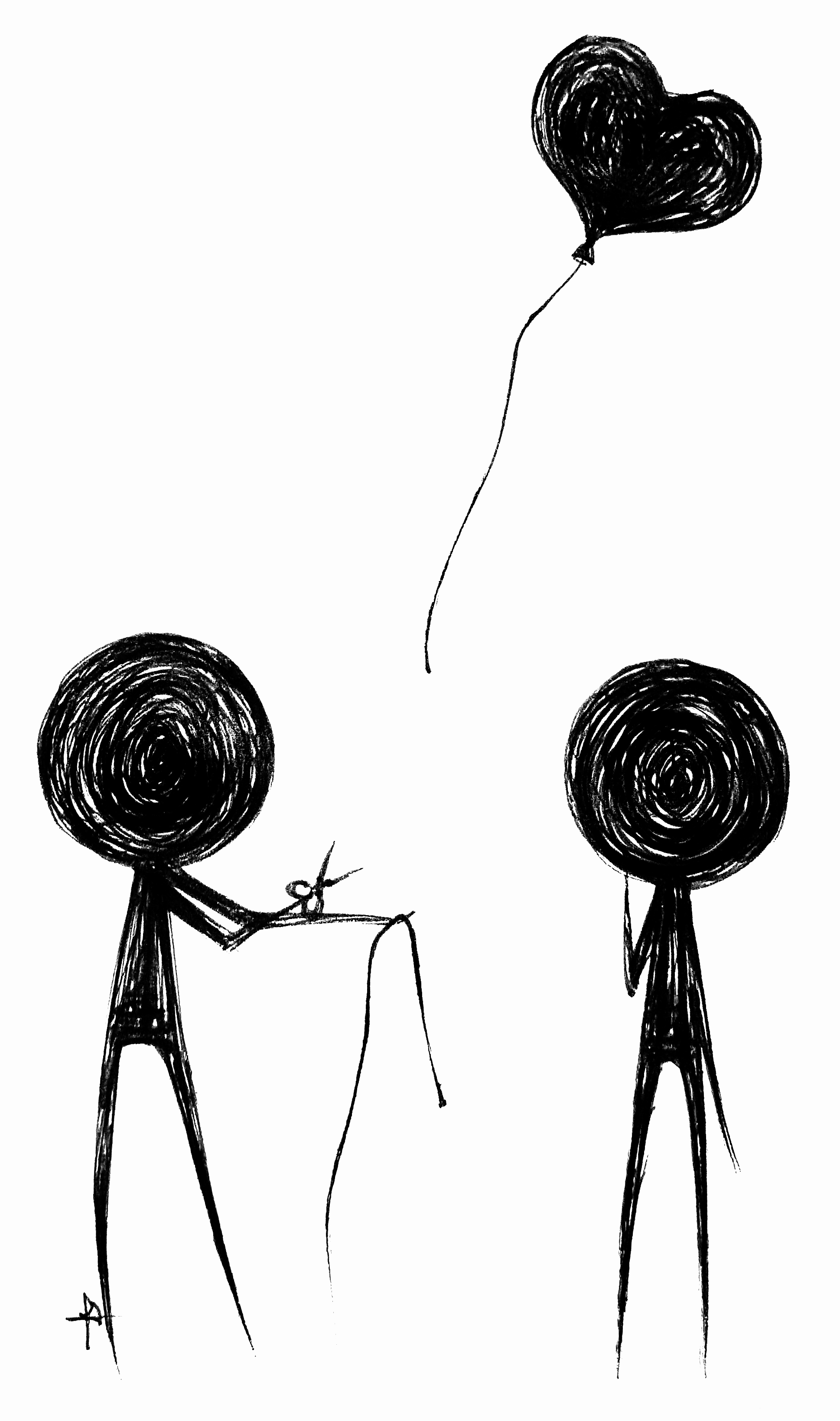 Sketch of two stick figures; one releases a heart-shaped balloon after cutting its string, while the other watches in disbelief.